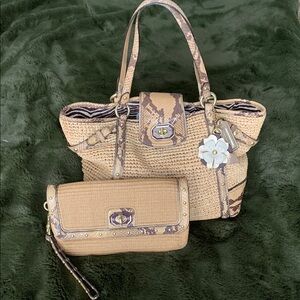 Two piece Set- Straw Natalie Tote with Python Trim & Matching Clutch